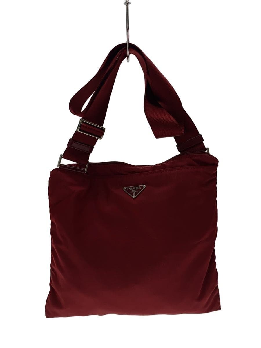 PRADA Shoulder Bag Nylon RED Solid Shoulder Part With Stain