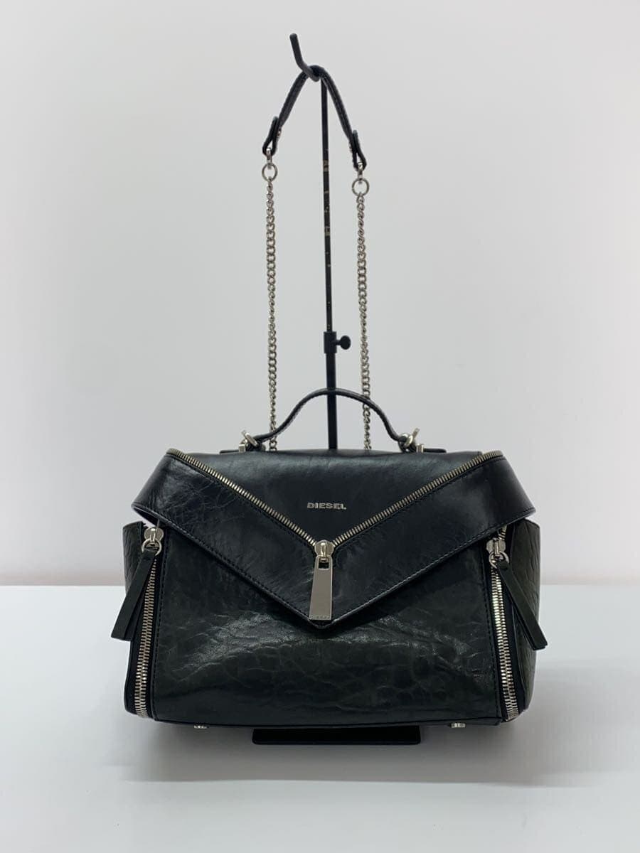 DIESEL2-Way Zip Design Shoulder Bag Leather BLK