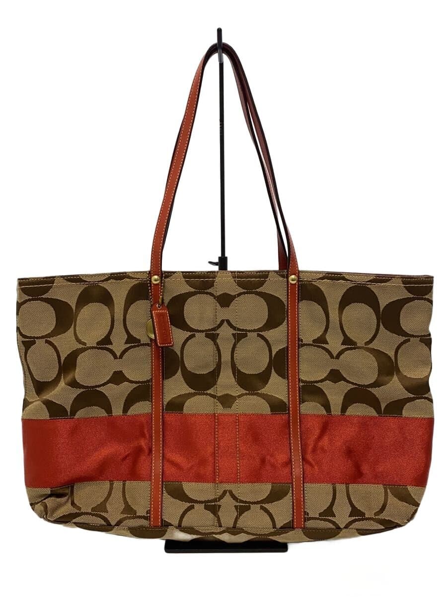 COACH Large Tote_Signature Stripe_Orange Stripe Canvas BEG All Over Pattern