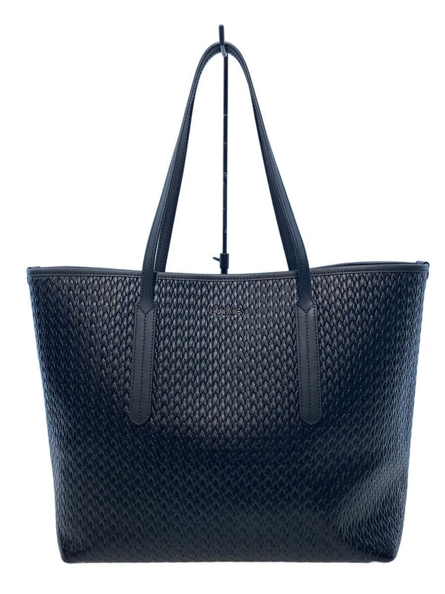 FURLA Tote Bag Leather Black Braided