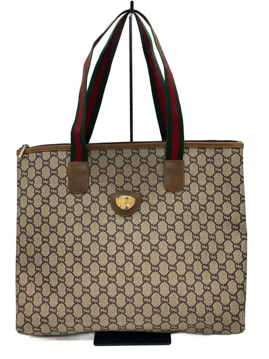 GUCCI PLUS Old Gucci Sherry Line GG Plus Tote Bag -- BEG All-over pattern Logo