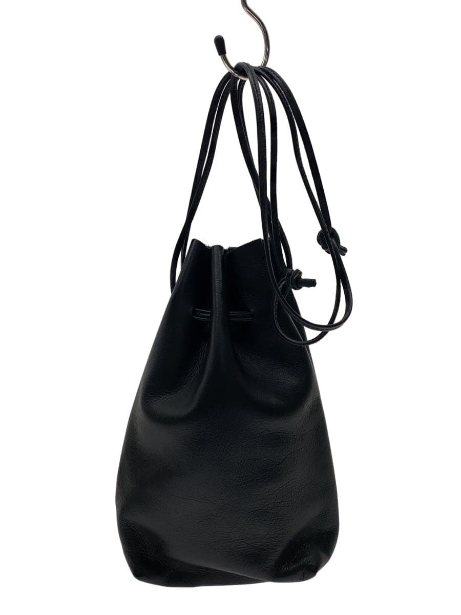 TANDEY Gusset Drawstring Bag Pouch Leather BLK