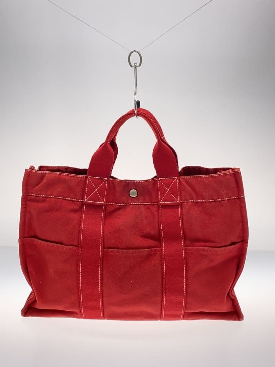 HERMES Tote Bag Canvas Red Solid Color 3