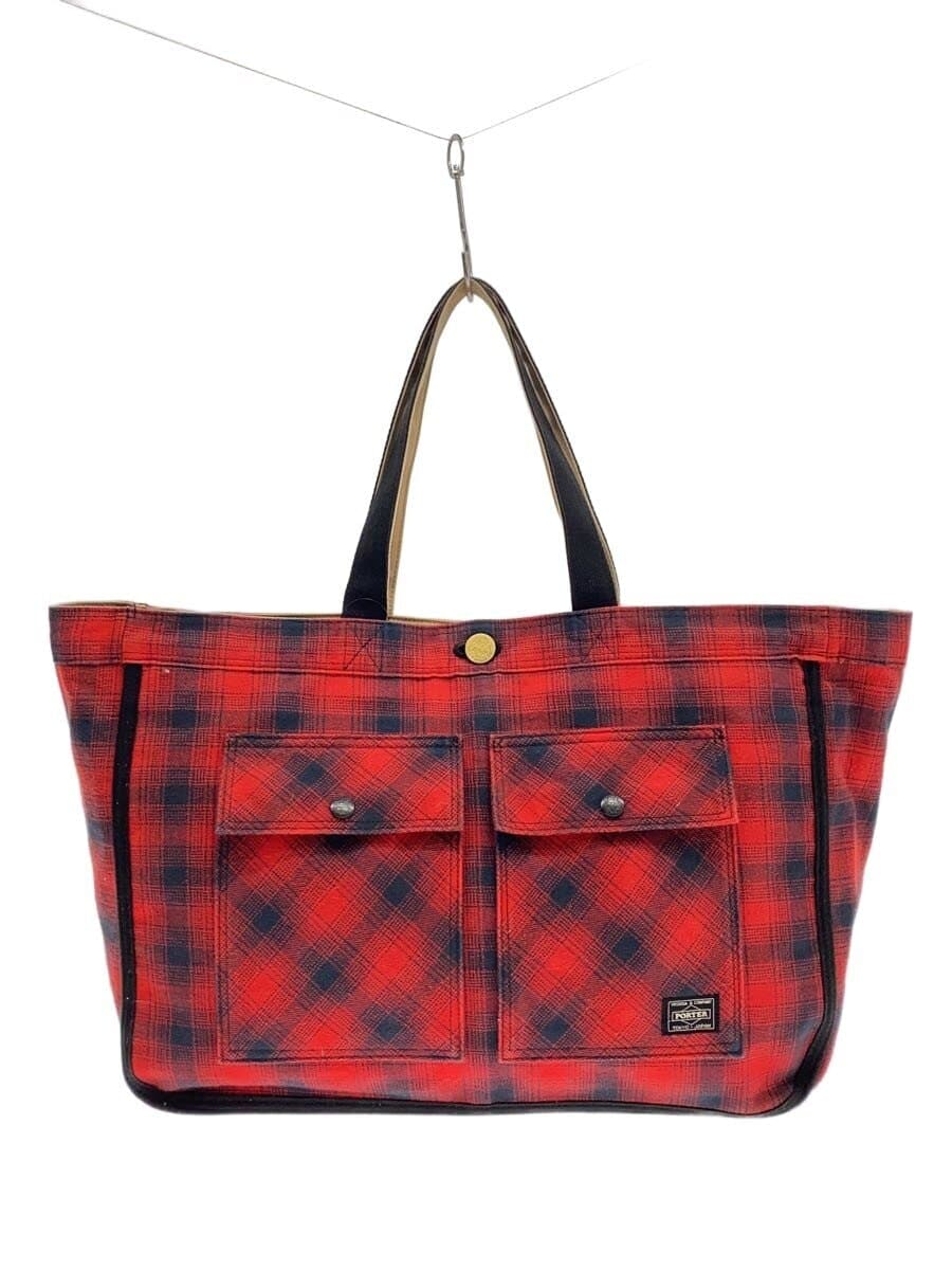 PORTER Reversible Tote Bag Wool RED Tartan CK Cotton KHK