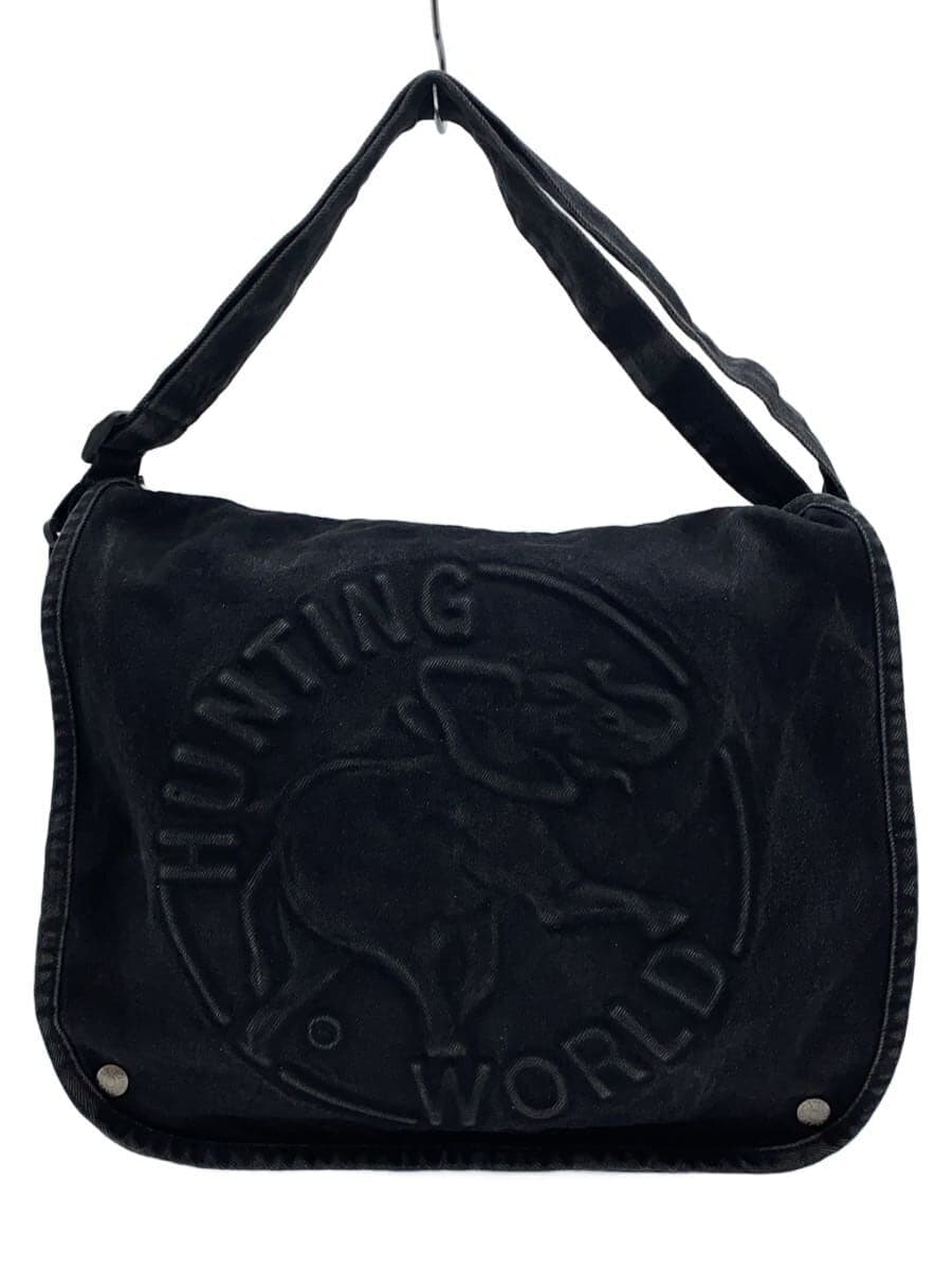 HUNTING WORLD Flap Shoulder Bag Embossed Logo Denim BLK