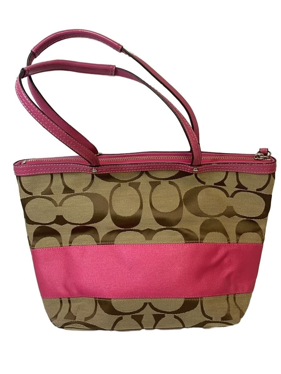 COACH Stripe Tote Signature Pink Leather Canvas BEG Allover Pattern F13548
