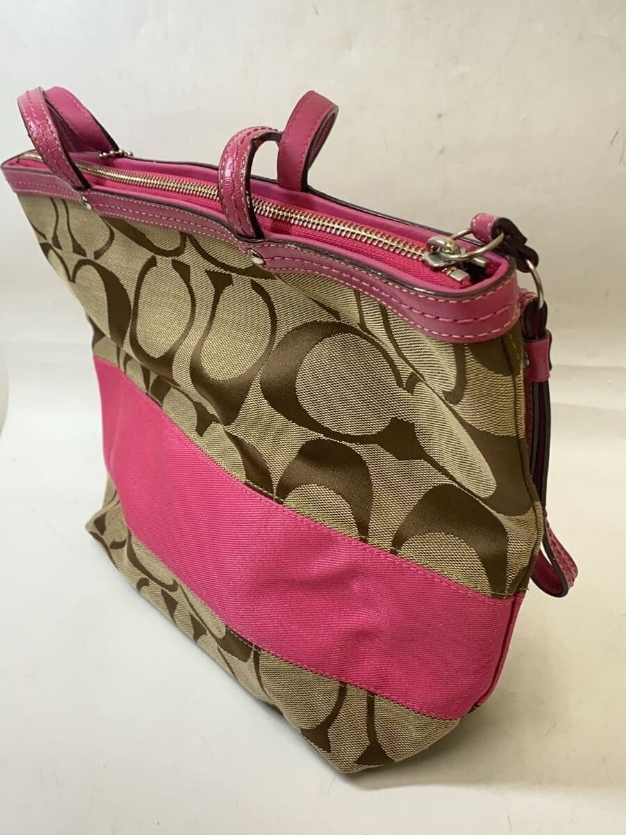 COACH Stripe Tote Signature Pink Leather Canvas BEG Allover Pattern F13548 2