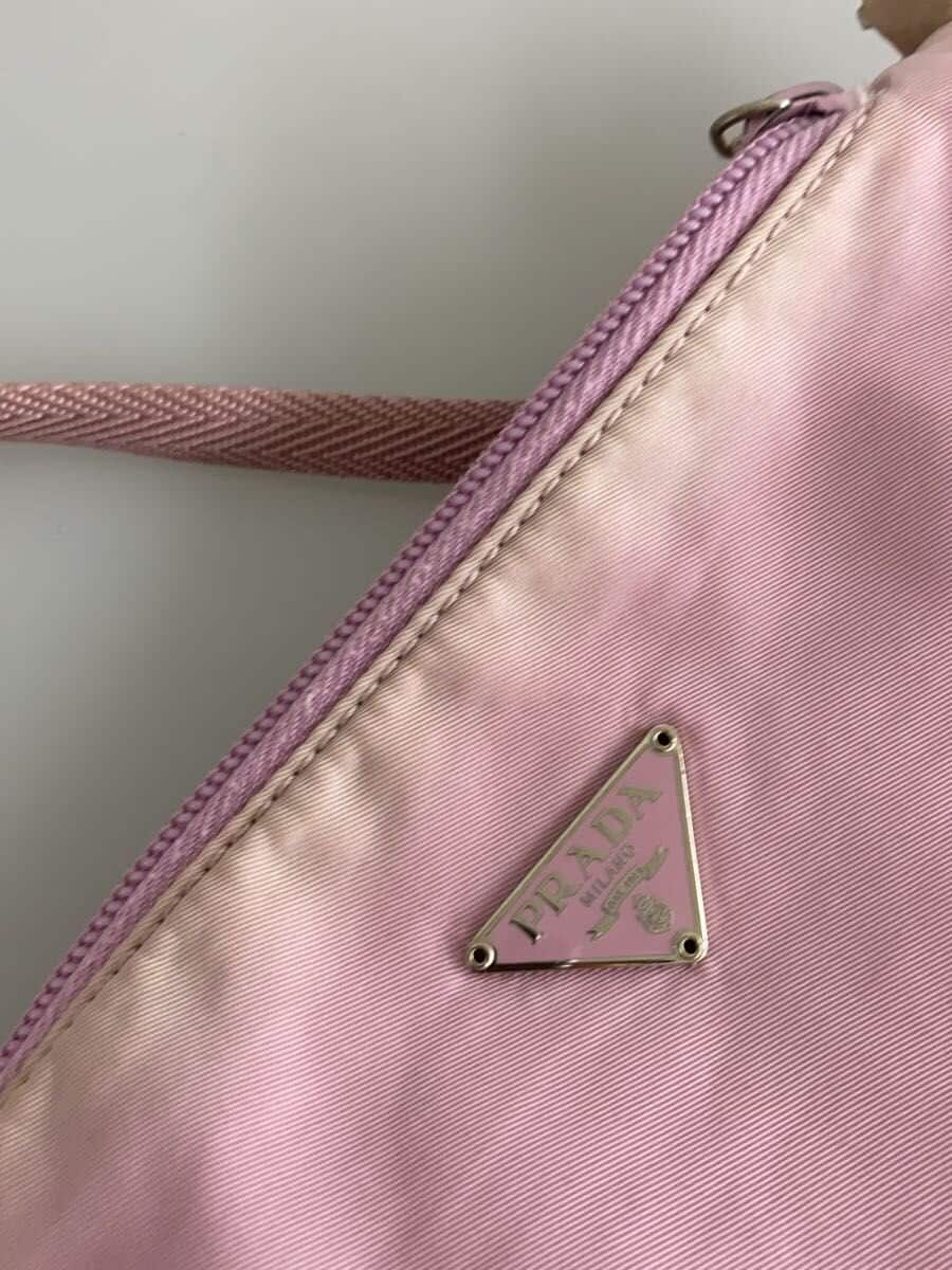 PRADA Triangle Logo Plate Handbag Nylon Pink Solid Color 7
