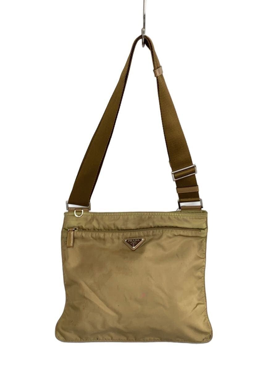 PRADA Triangle Logo Plate Shoulder Bag Nylon BEG Solid Color