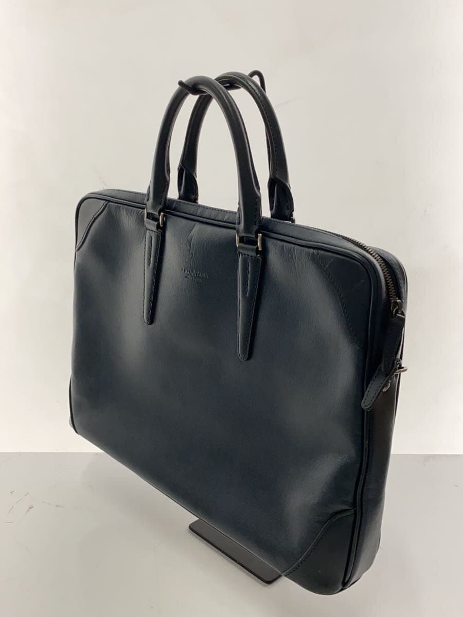 FUJITAKA 2WAY Business Bag Leather Navy Solid Color Corner Scratches Present 2