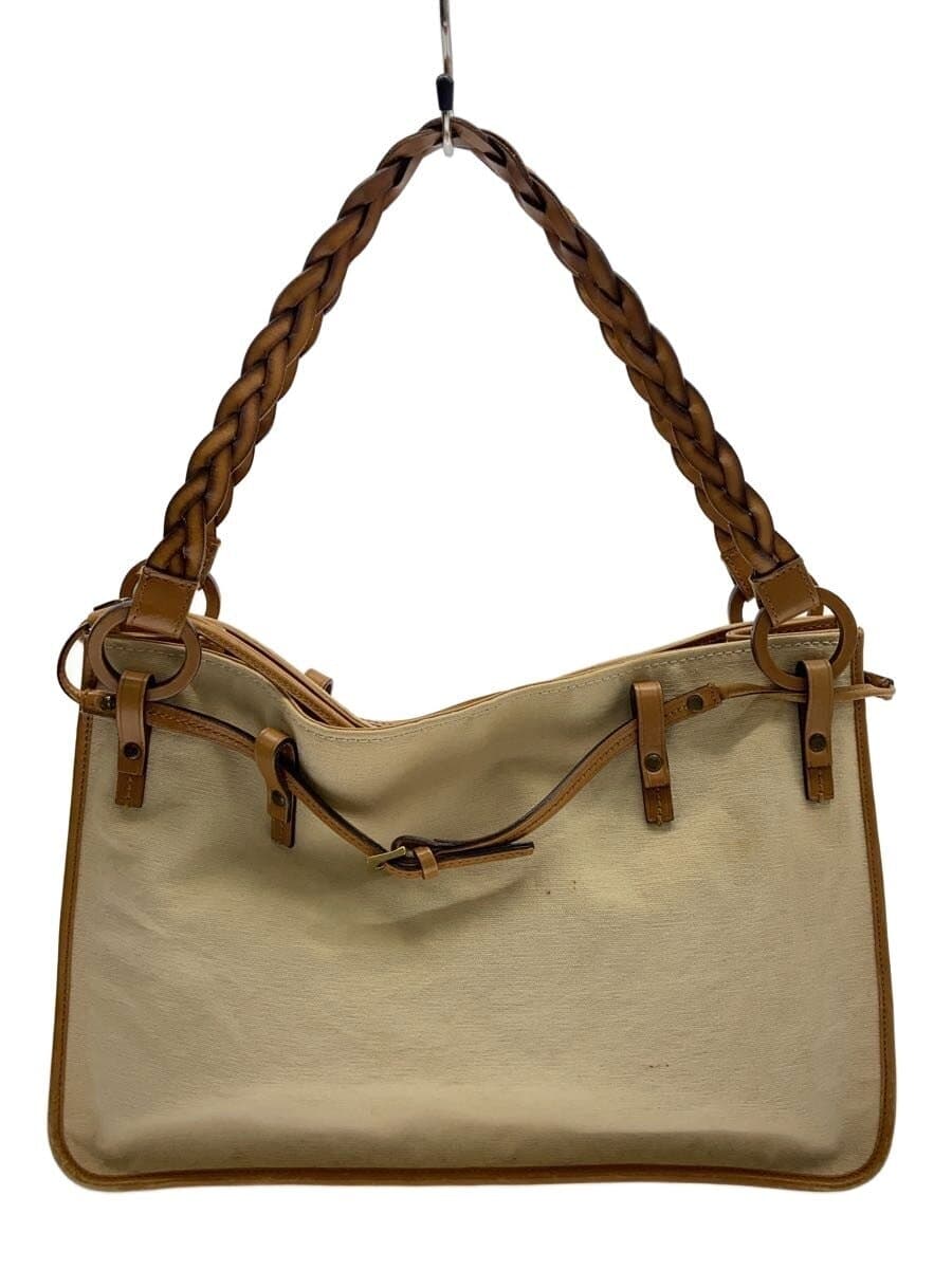 GUCCI Braided Leather Handle Tote Bag Canvas BEG Solid