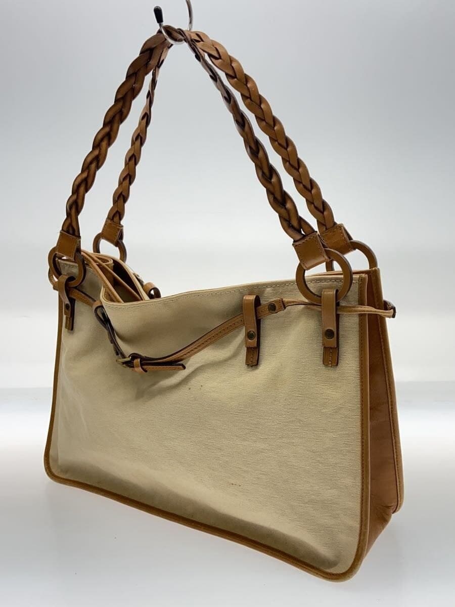 GUCCI Braided Leather Handle Tote Bag Canvas BEG Solid 2