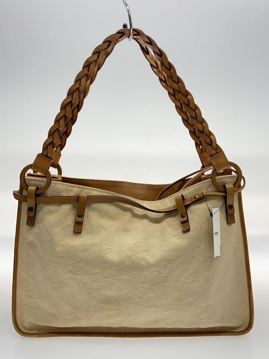 GUCCI Braided Leather Handle Tote Bag Canvas BEG Solid 3