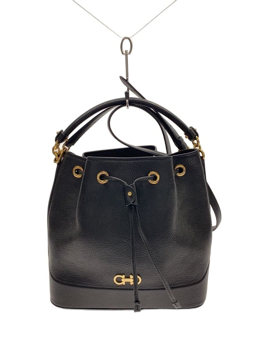 Salvatore Ferragamo Gancini Drawstring Shoulder Bag Leather Black