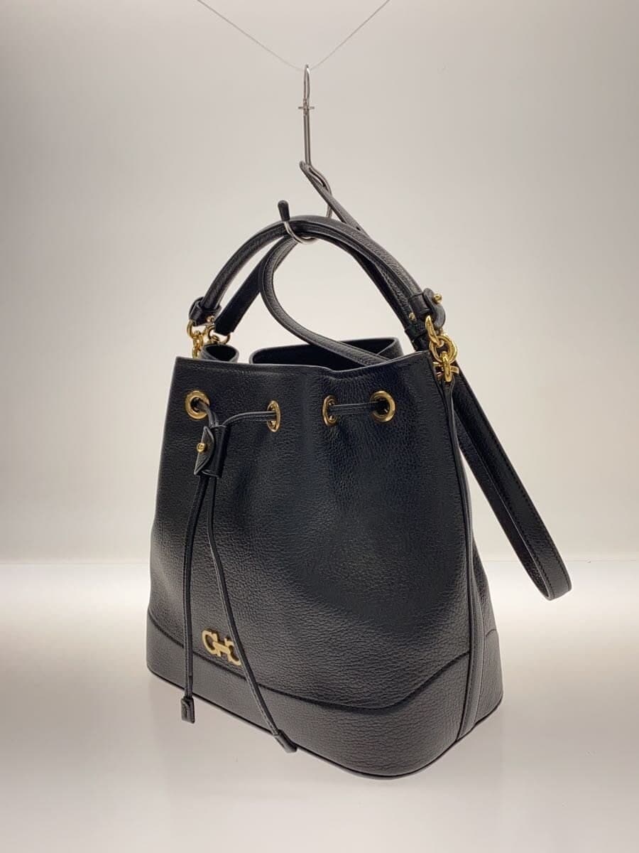 Salvatore Ferragamo Gancini Drawstring Shoulder Bag Leather Black 2