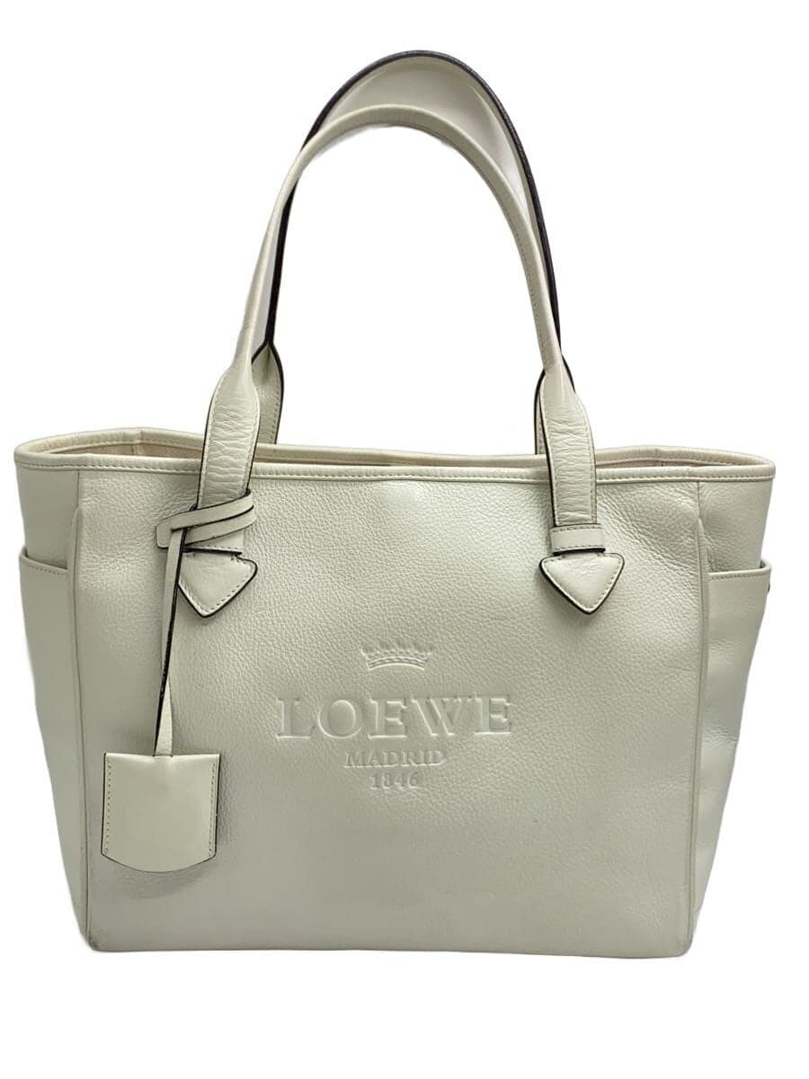 LOEWE Heritage Tote Bag Leather White Solid Color Shows signs of wear and