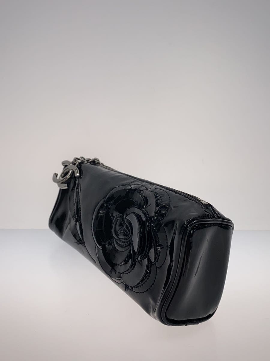 CHANEL Inner With Stain Camellia Pouch Patent Leather BLK 2