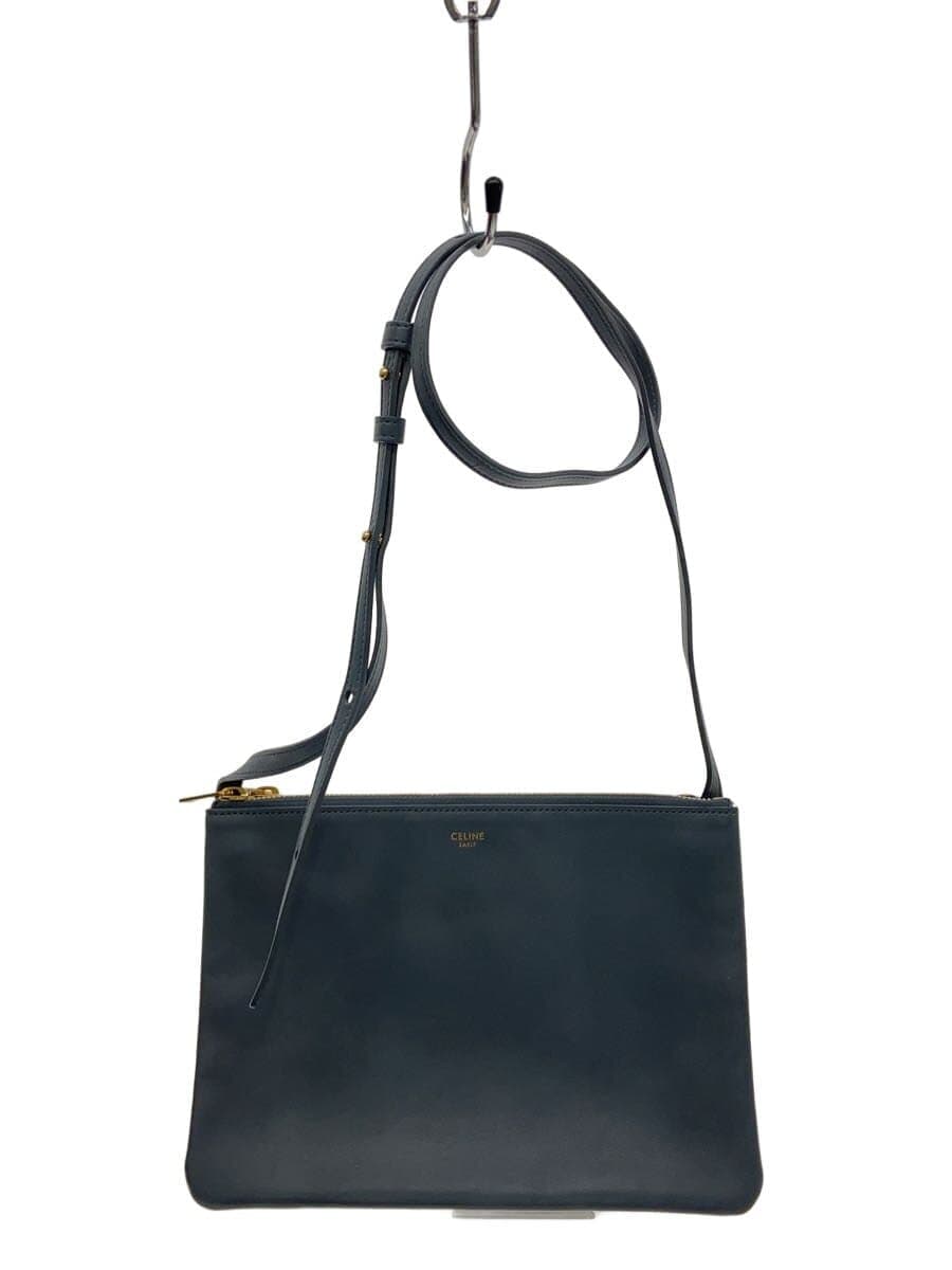 CELINE Trio Large Shoulder Bag Leather GRY Solid Color