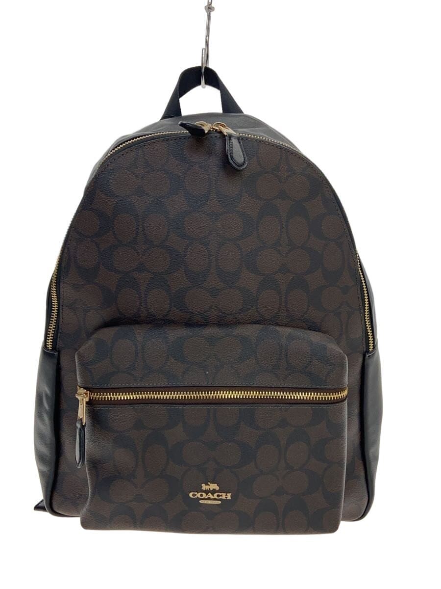 COACH Charlie Backpack Signature Black Leather Leather BRW Allover Pattern