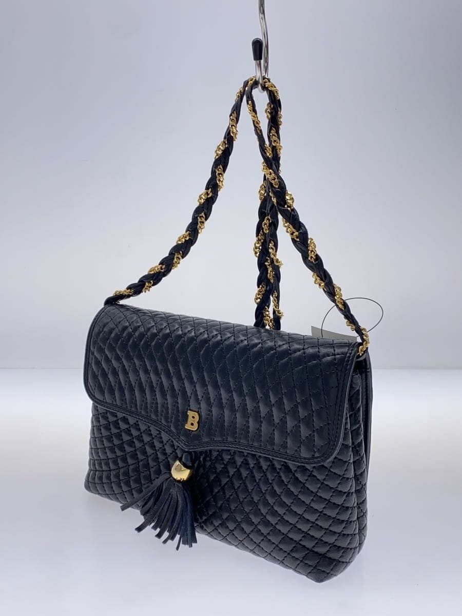 BALLY Shoulder Bag Fringe Leather BLK All Over Pattern 2