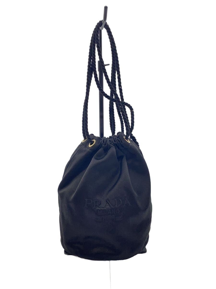 PRADA Logo Embroidery Drawstring Pouch Tassel BLK Fray With Wear