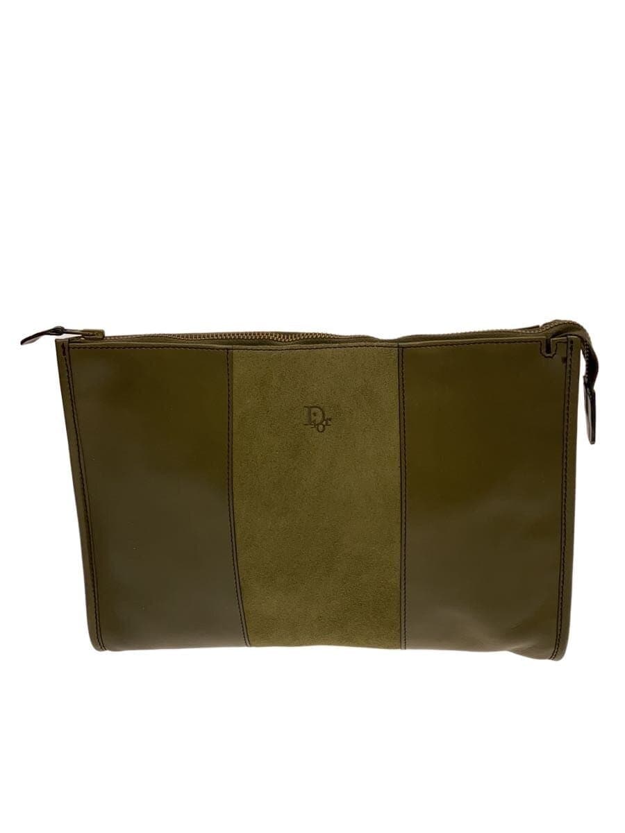 Christian Dior Clutch Bag Leather KHK Solid Color