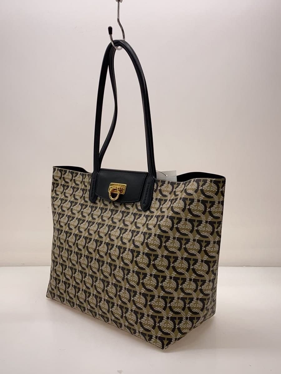 Salvatore Ferragamo Gancini SAND NERO Monogram Tote Bag Pouch Metal PVC BEG All Over Pattern 21I012 2