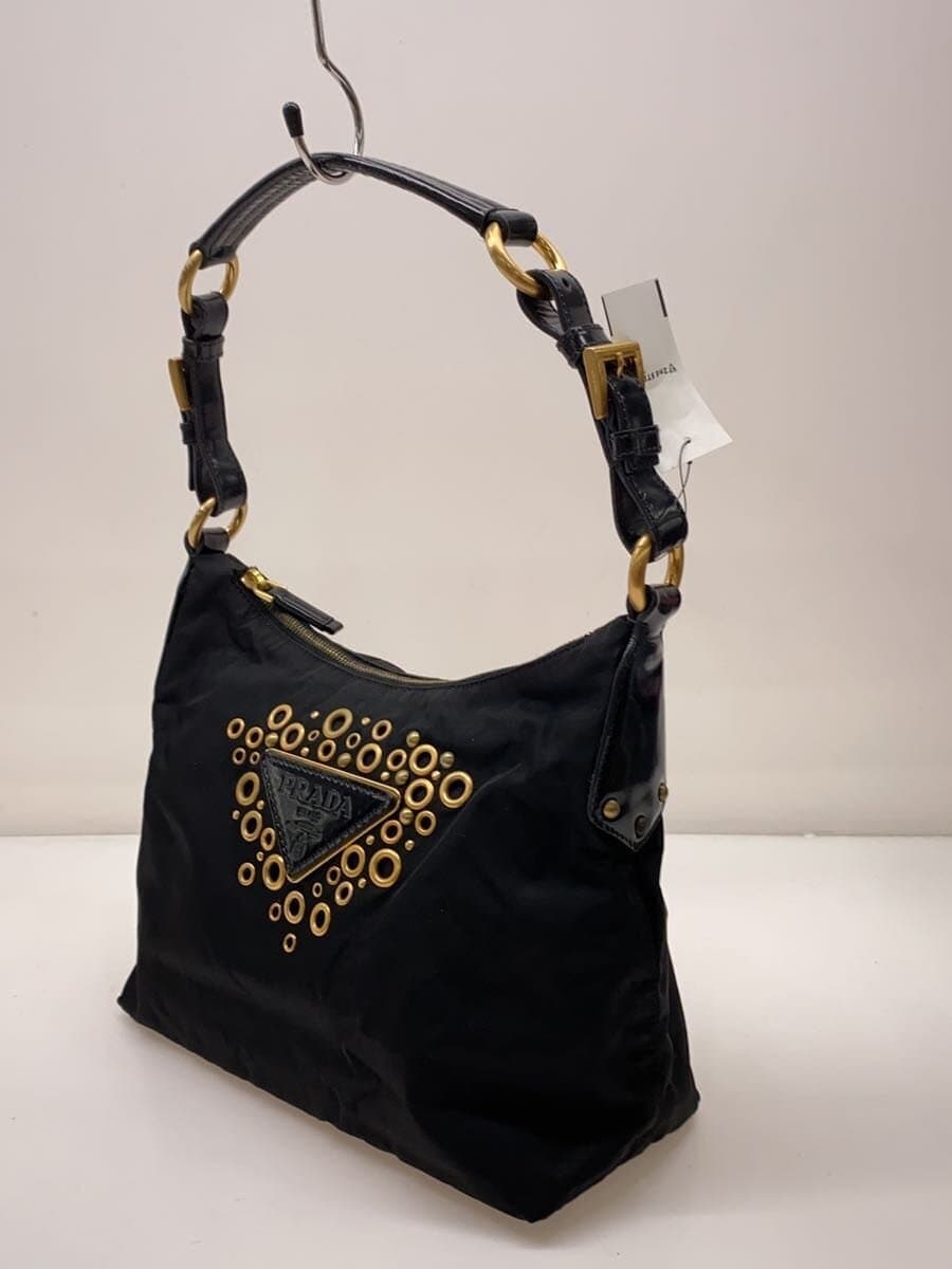 PRADA Triangle Gold Studs One Shoulder Handbag Nylon BLK Solid 2