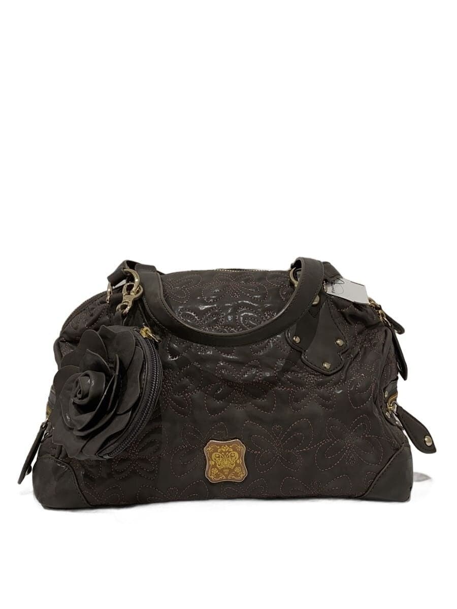 ANNA SUI Boston Bag Leather Gray Floral Print