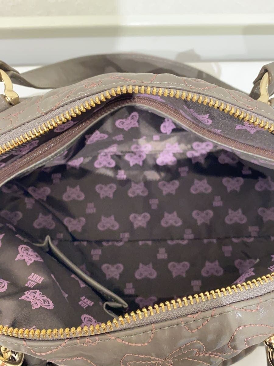 ANNA SUI Boston Bag Leather Gray Floral Print 6