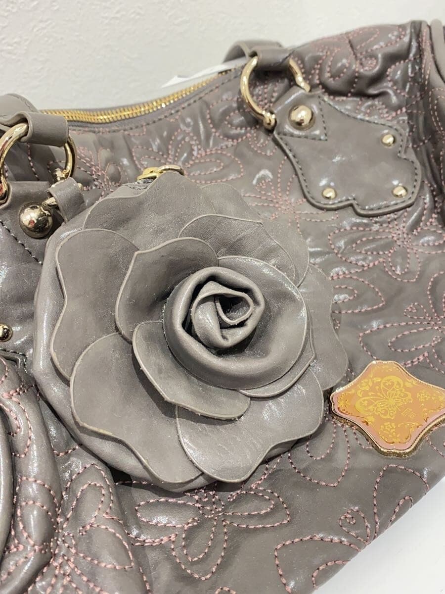ANNA SUI Boston Bag Leather Gray Floral Print 7