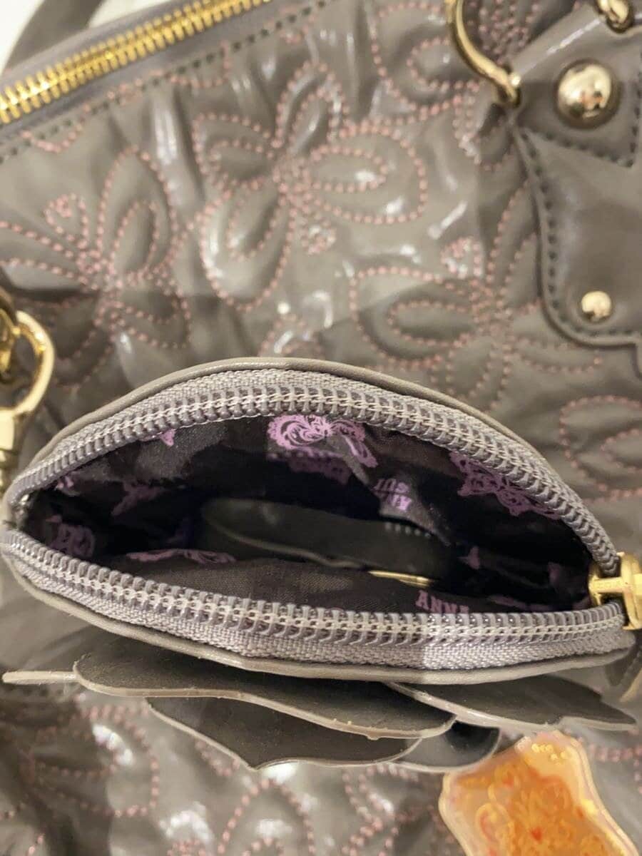 ANNA SUI Boston Bag Leather Gray Floral Print 8