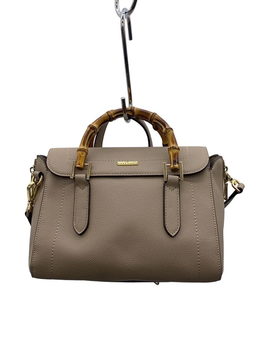 LOWELL Shoulder Bag Bamboo Mini Boston Leather BEG Solid 2-Way Shoulder