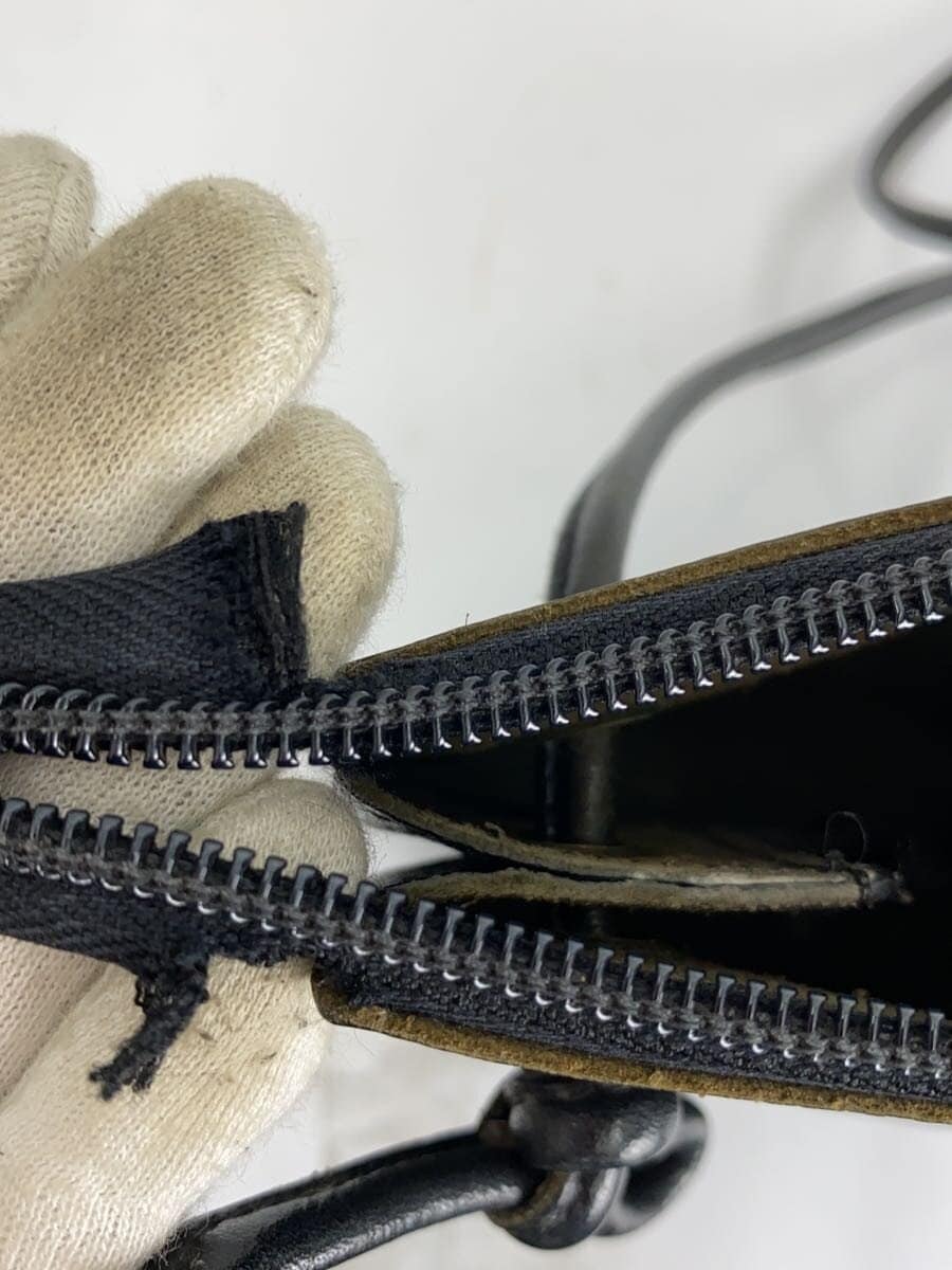 IL BISONTE Shoulder Bag Leather Black Zipper with fabric tear 7