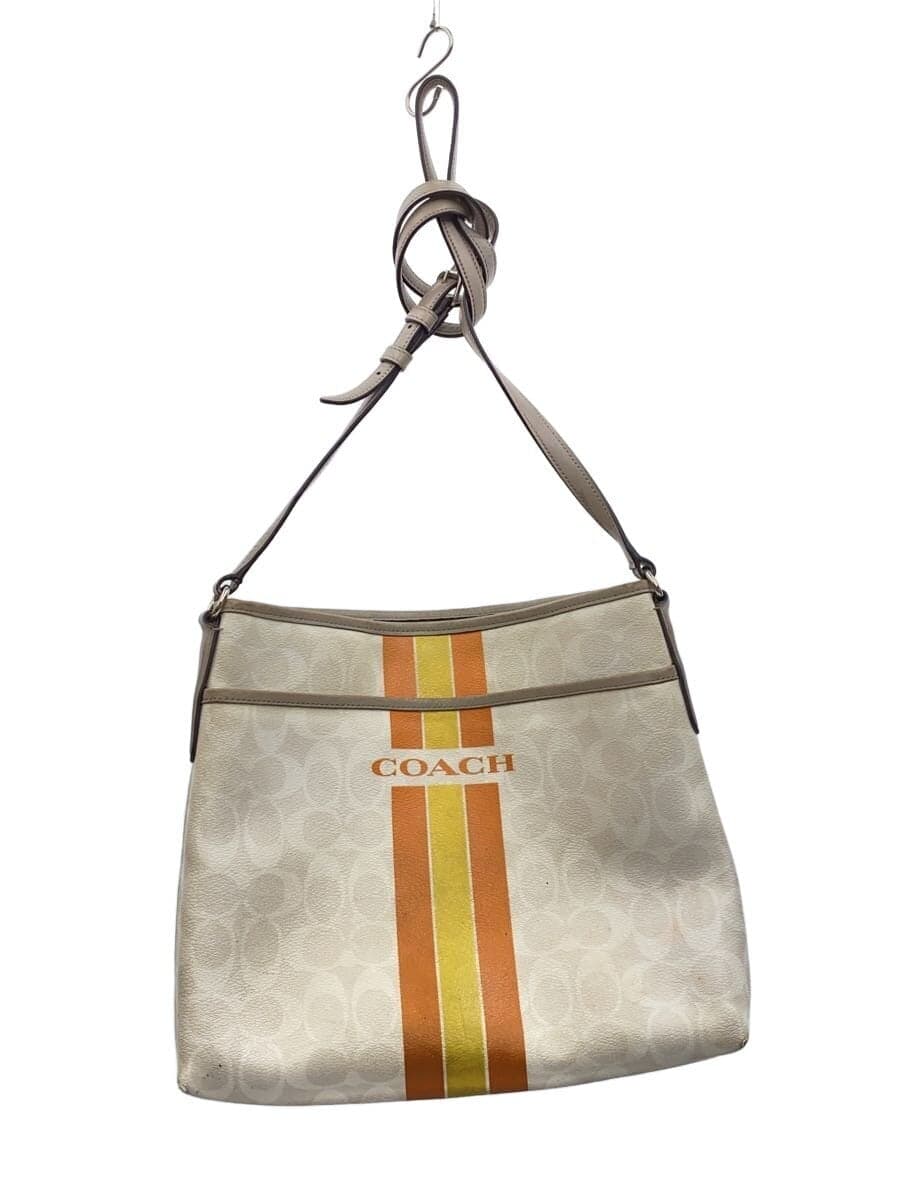 COACH Shoulder Bag Leather WHT All Over Pattern Corner Scuff Inside With Stain