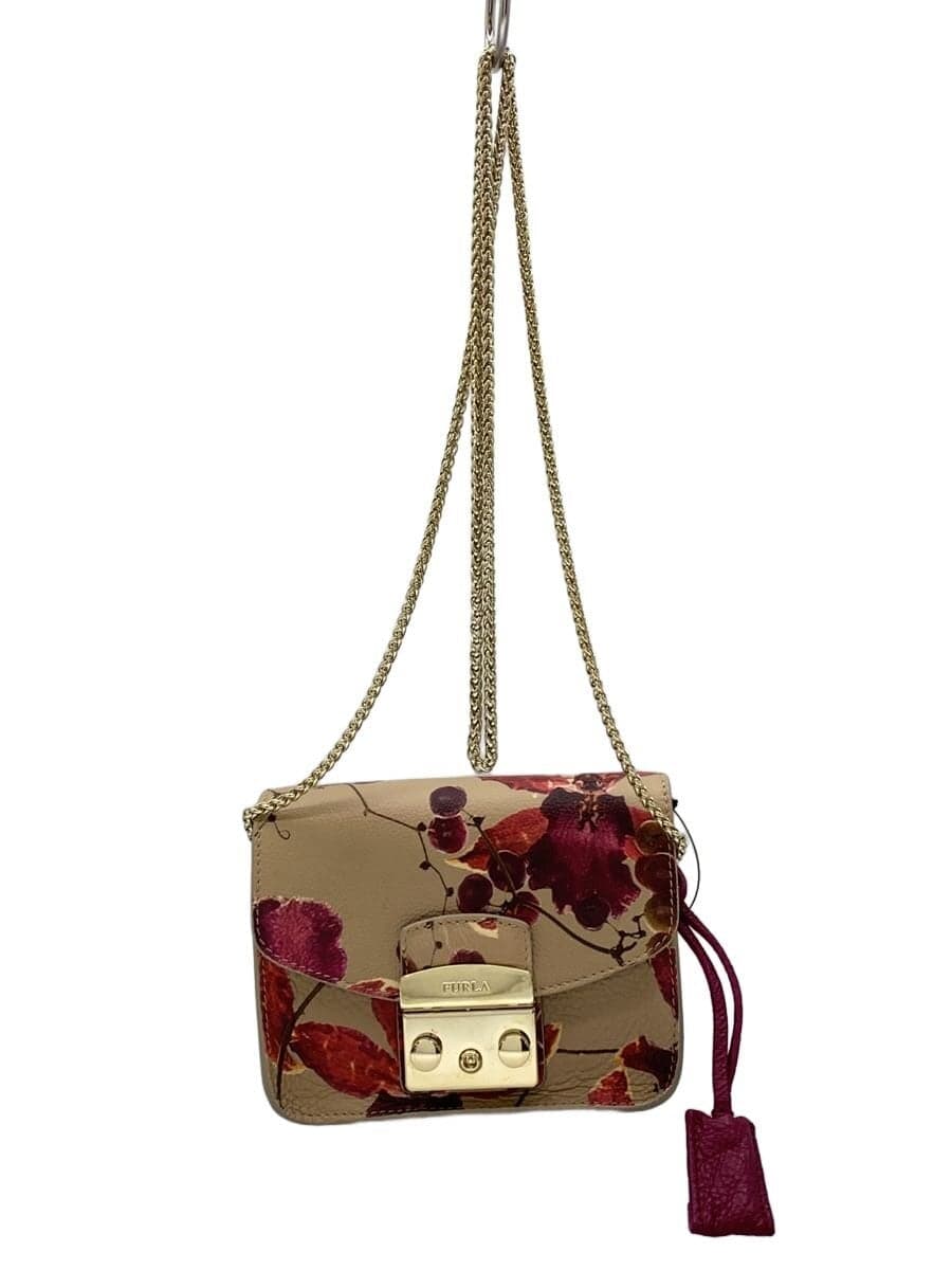 FURLA Shoulder Bag Leather BEG Floral Print 007554560