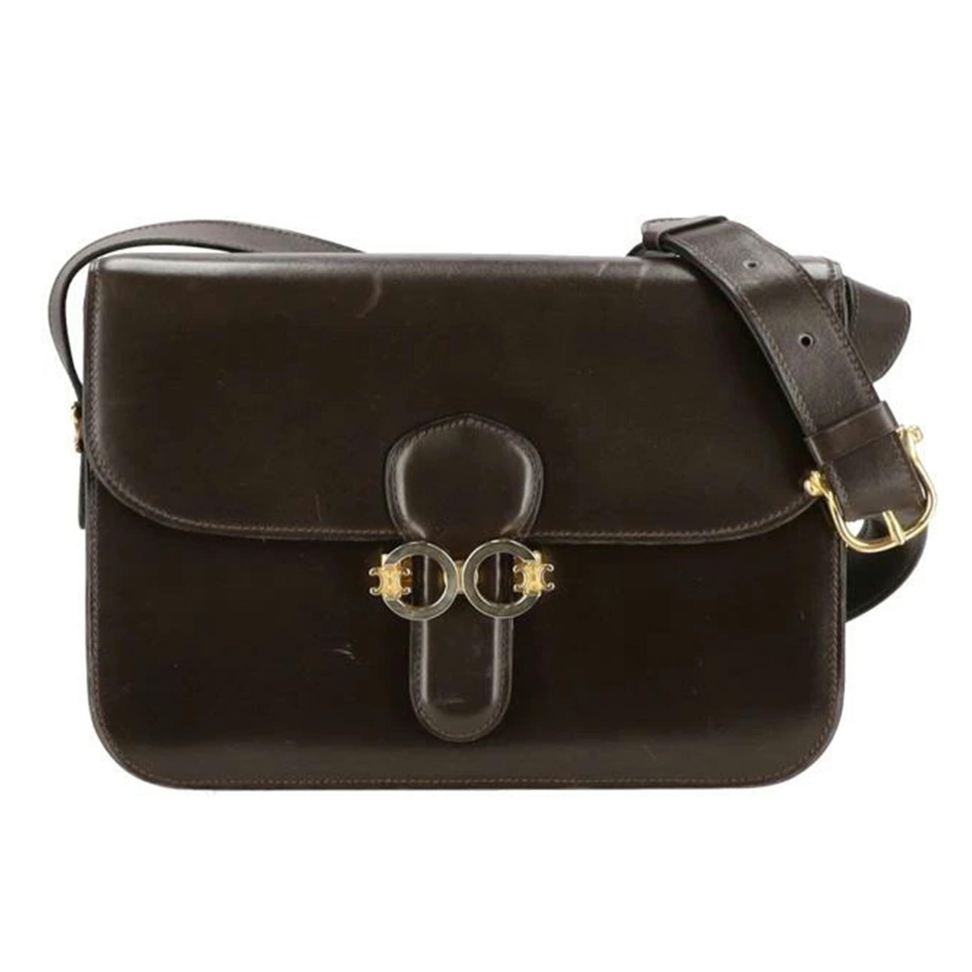 CELINE Vintage Macadam Buckle Leather Flap Shoulder AB Rank 24Used