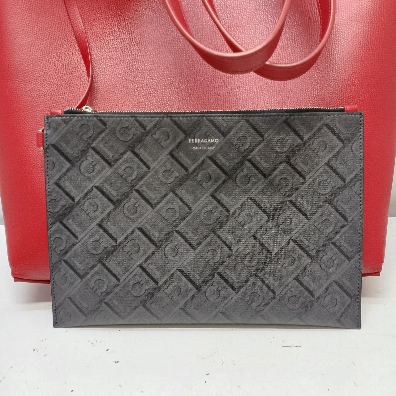 Reversible tote bag Gancini × Red × Gray 5