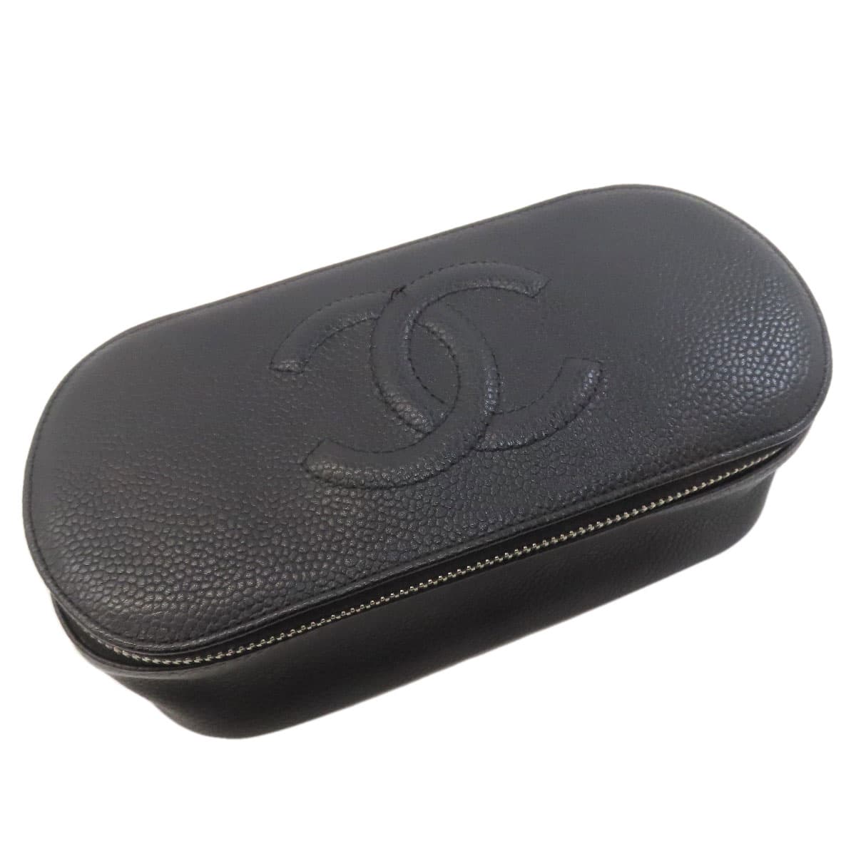 Chanel Coco Mark Silver Hardware Cosmetic Pouch Grained Calfskin Ladies [Used] [CHANEL] 5