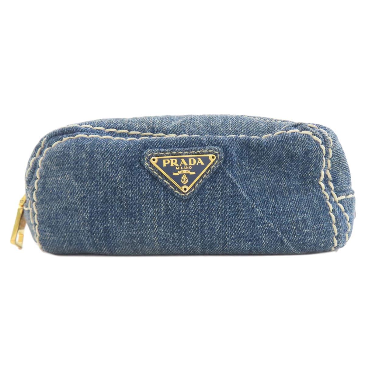 Prada logo metal fittings cosmetic pouch denim women's [used] [PRADA]
