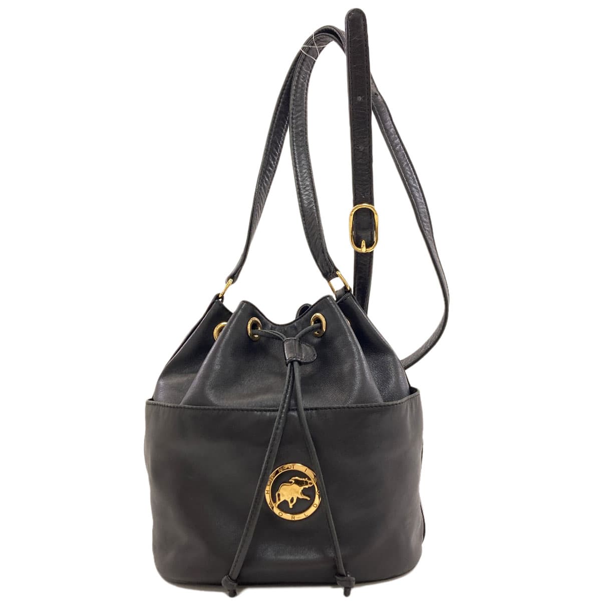 Hunting World Drawstring Logo Shoulder Bag Leather Ladies [Used] [HUNTING WORLD]