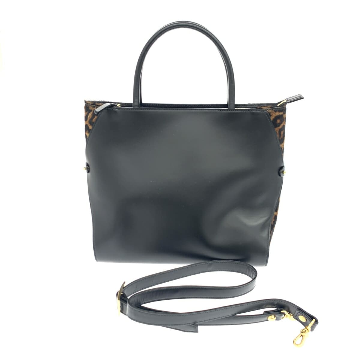 Denhamano 2WAY handbag in good condition, black leather with hair-on-hide leopard accents, multifunctional bag for women