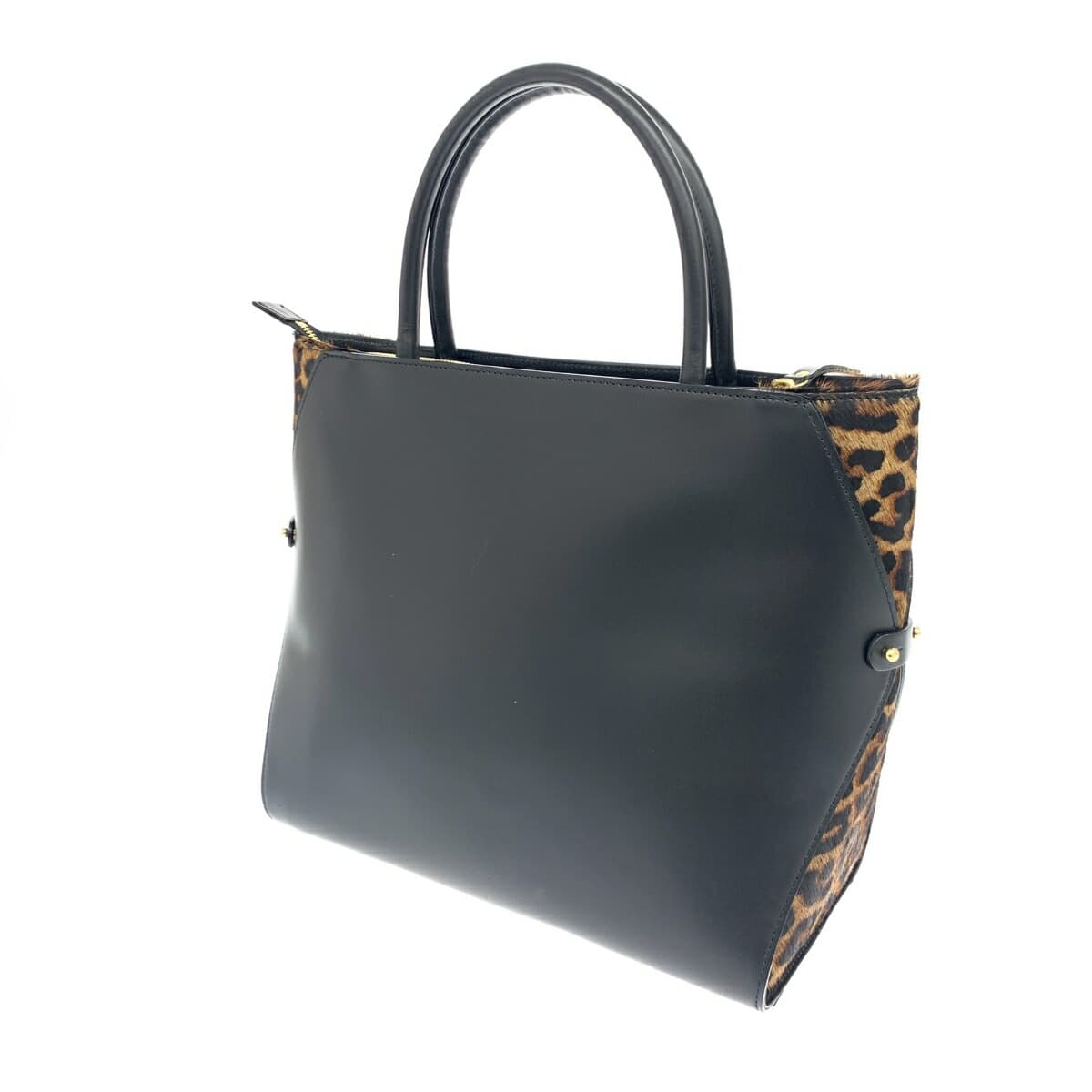 Denhamano 2WAY handbag in good condition, black leather with hair-on-hide leopard accents, multifunctional bag for women 3