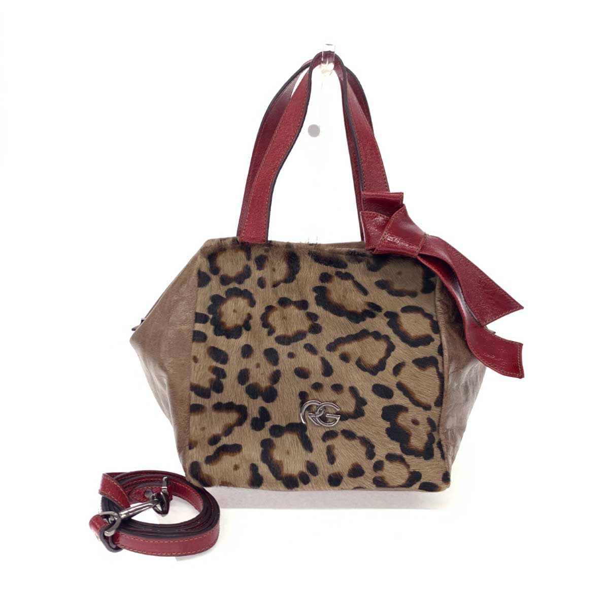 ROBERTA GANDOLFI 2WAY Bag Brown x Red Haircalf x Leather Leopard Pattern Ladies Hand Shoulder Bag