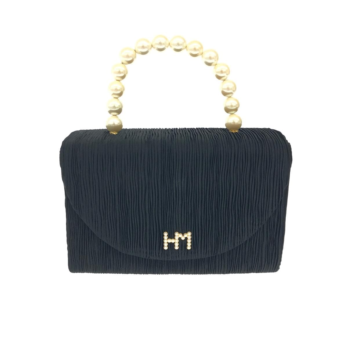 HANAE MORI handbag in good condition, black satin, HM logo/pearl handle/pleats, ladies' bag