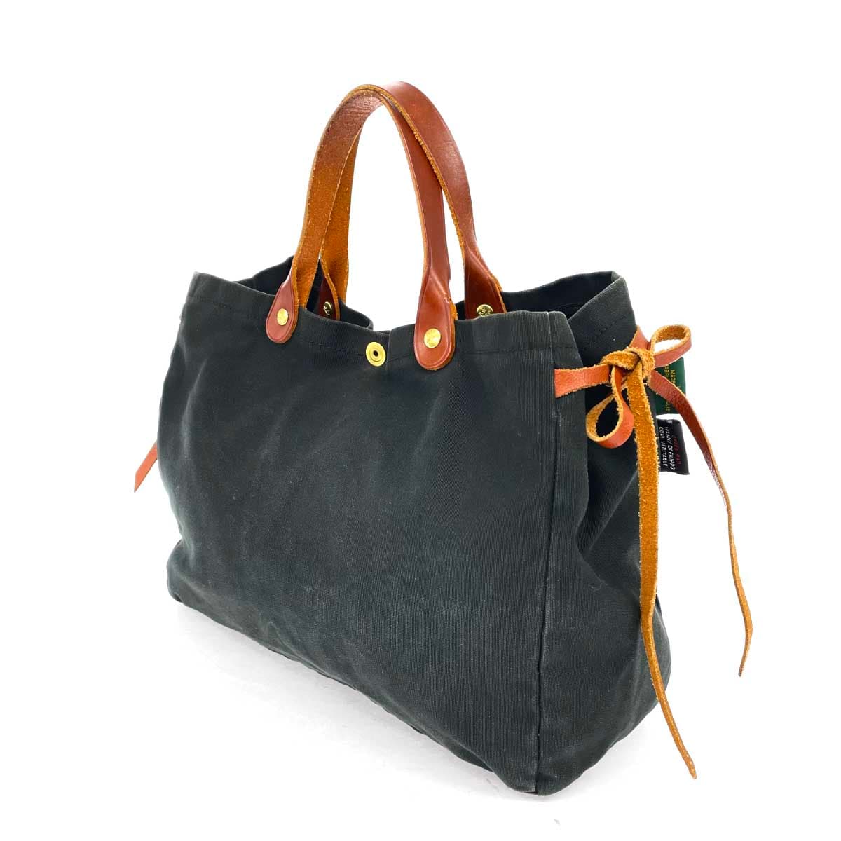 IL BISONTE Tote Bag Black Canvas × Leather Side Ribbon Ladies Bag 3