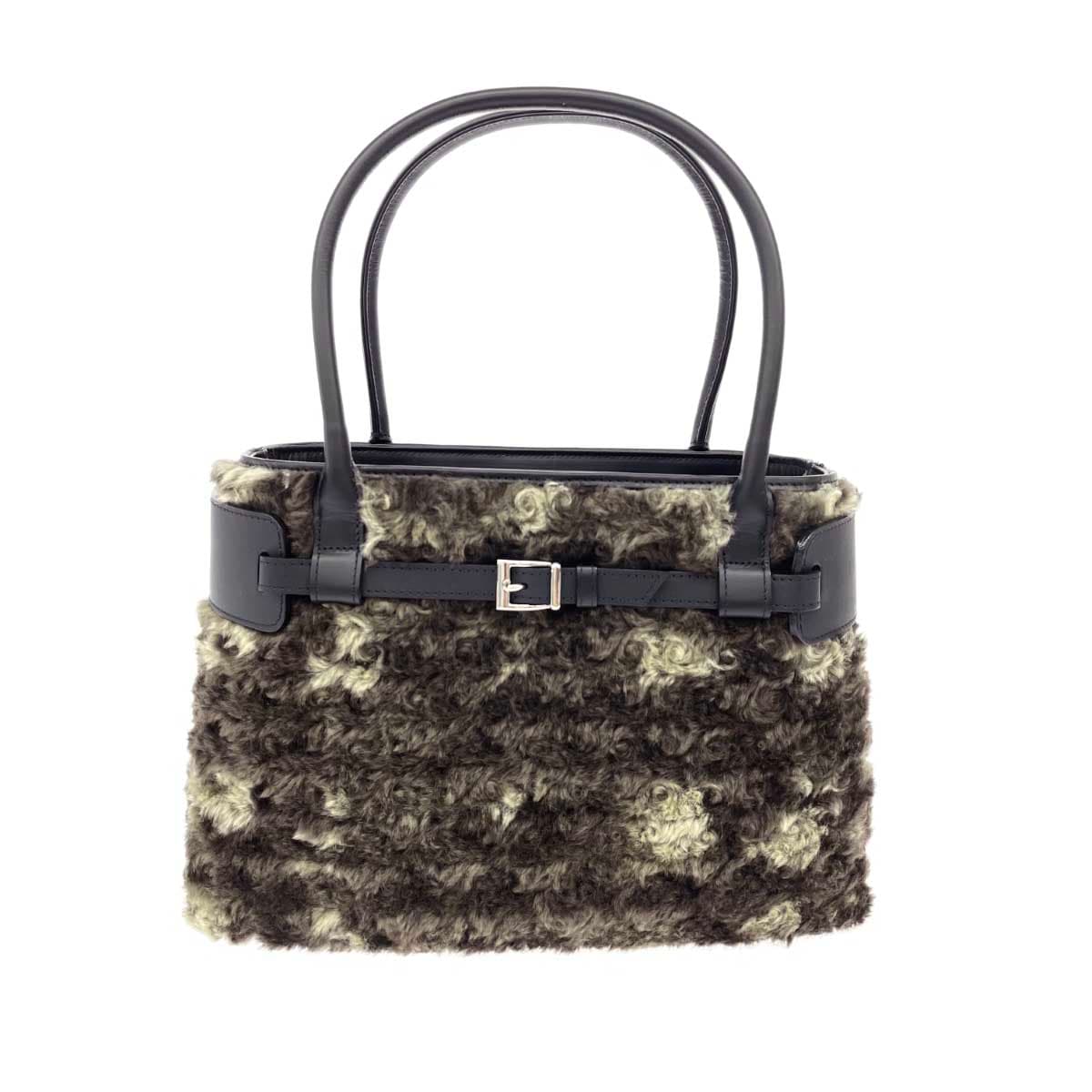 HAMANO Handbag, excellent condition, khaki eco-fur × leather, 2 compartments, ladies' bag