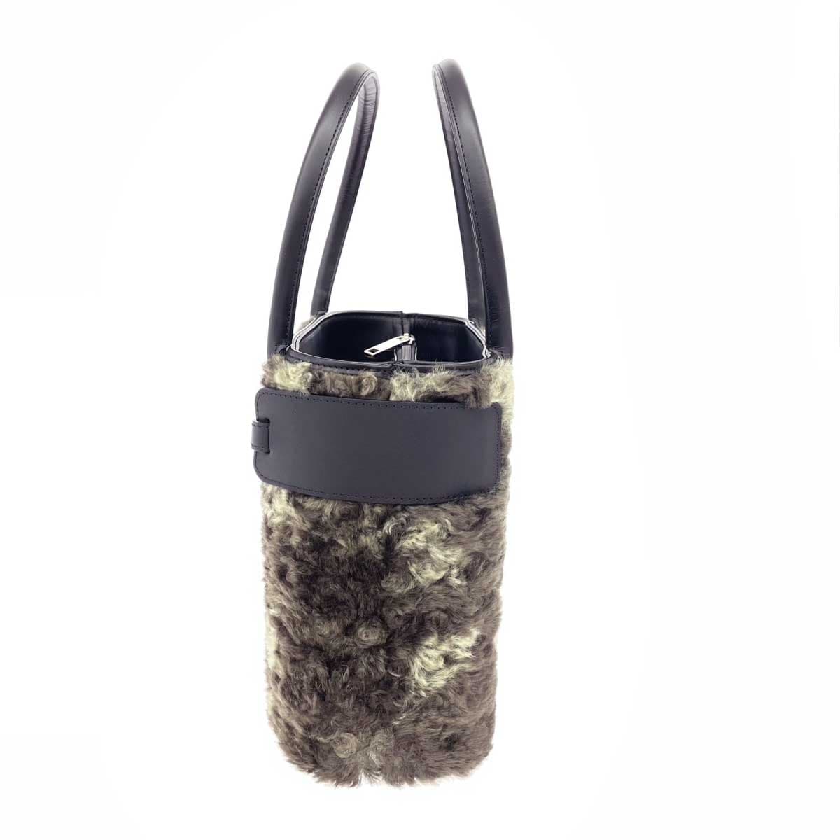 HAMANO Handbag, excellent condition, khaki eco-fur × leather, 2 compartments, ladies' bag 2