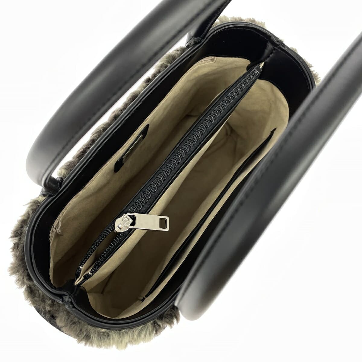 HAMANO Handbag, excellent condition, khaki eco-fur × leather, 2 compartments, ladies' bag 4