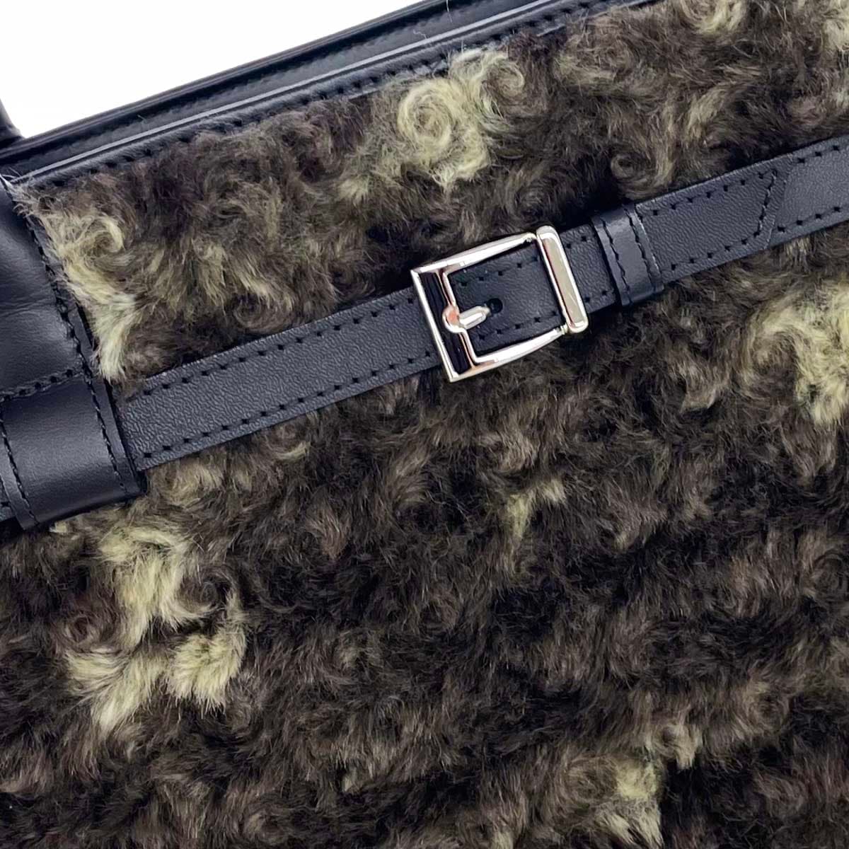 HAMANO Handbag, excellent condition, khaki eco-fur × leather, 2 compartments, ladies' bag 5